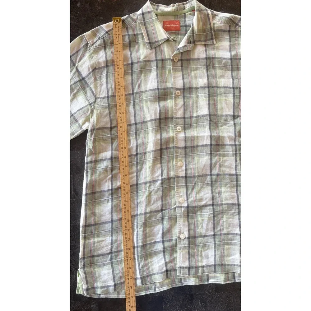 Tommy Bahama Men‎ L 100% Linen Plaid Short Sleeve Button Down Camp Shirt Green